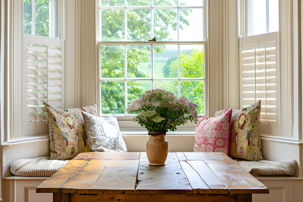 Wooden Table Near Cozy Bay Window Seat With Cushions In Room. Interior Design