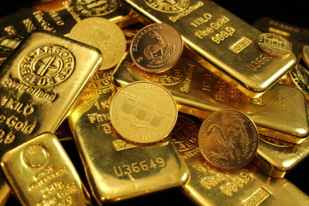 Gleaming gold bars and coins